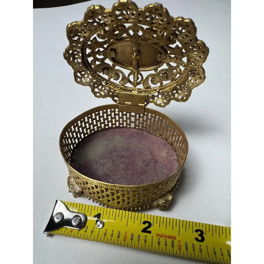 Vintage Florenza Jeweled Filigree Trinket Box Cobalt Blue Enamel Footed Oval